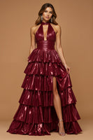 Load image into Gallery viewer, Burgundy Ruffled Metallic Halter Neck Long Formal Dress with Slit