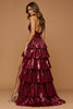 Load image into Gallery viewer, Burgundy Ruffled Metallic Halter Neck Long Formal Dress with Slit