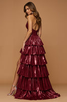 Load image into Gallery viewer, Burgundy Ruffled Metallic Halter Neck Long Formal Dress with Slit