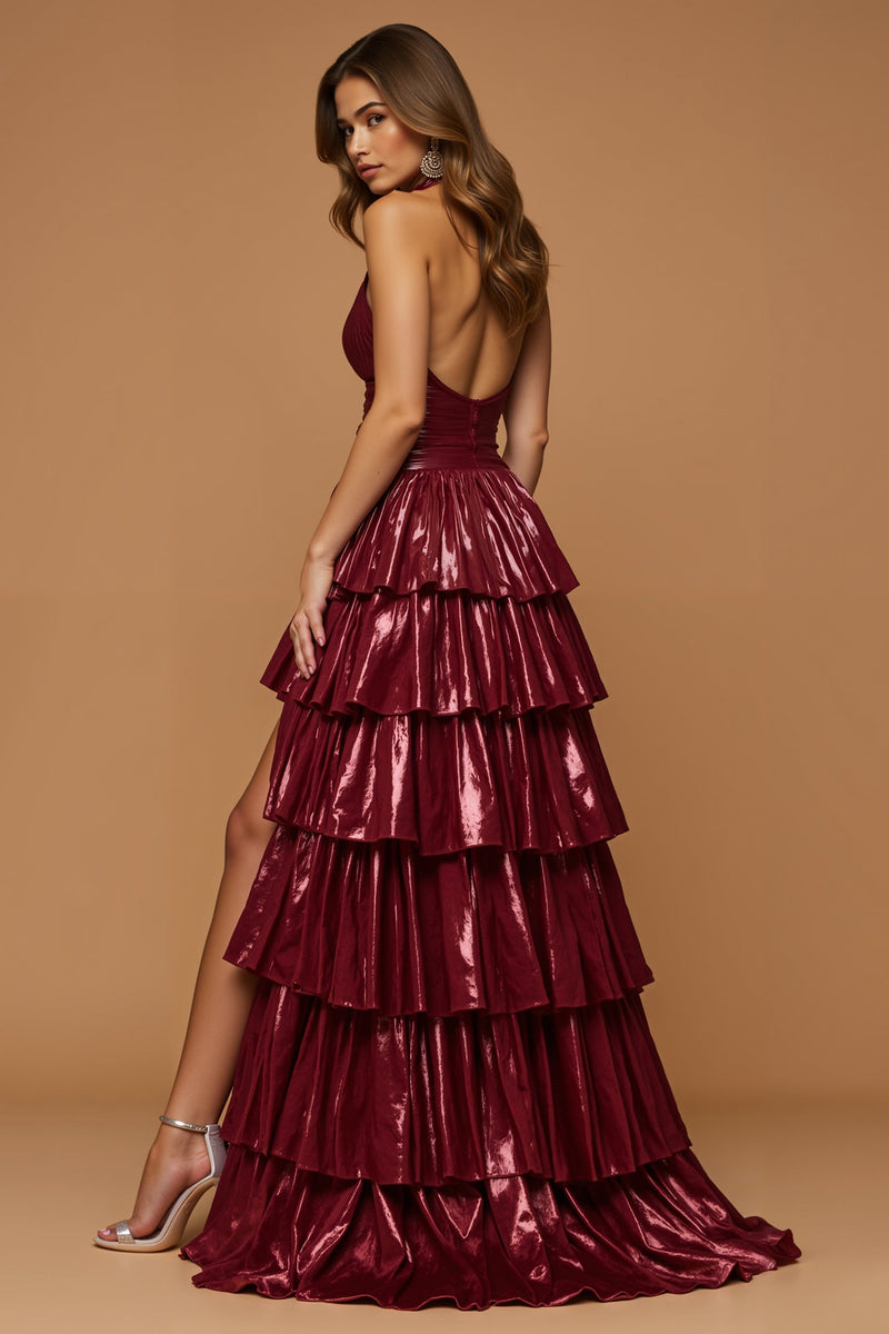 Load image into Gallery viewer, Burgundy Ruffled Metallic Halter Neck Long Formal Dress with Slit