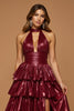 Load image into Gallery viewer, Burgundy Ruffled Metallic Halter Neck Long Formal Dress with Slit