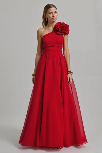 Red One Shoulder A Line Long Formal Dress with 3D Flower