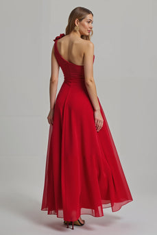 Red One Shoulder A Line Long Formal Dress with 3D Flower