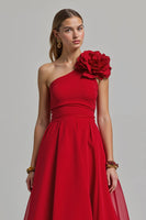 Load image into Gallery viewer, Red One Shoulder A Line Long Formal Dress with 3D Flower