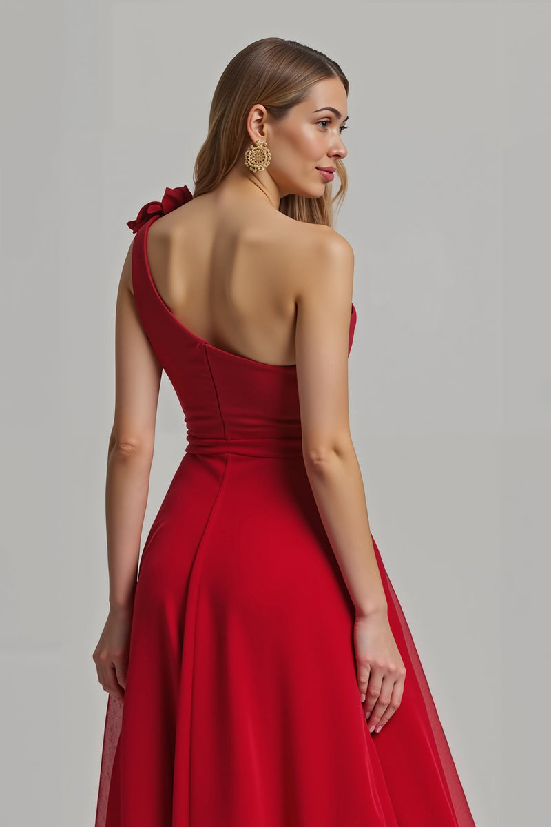 Load image into Gallery viewer, Red One Shoulder A Line Long Formal Dress with 3D Flower
