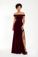 Load image into Gallery viewer, Burgundy Sheath Off the Shoulder Long Formal Dress with Slit