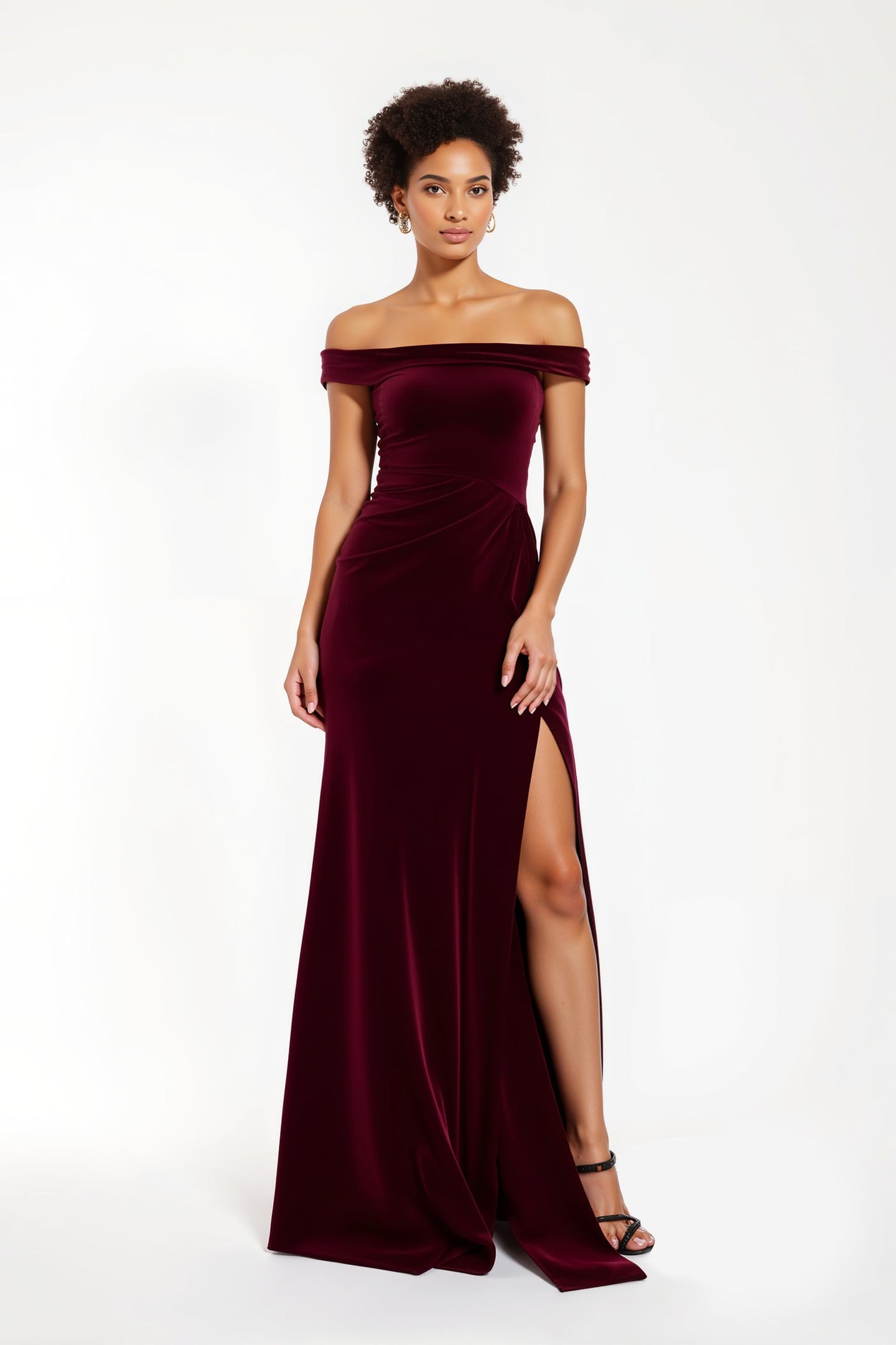 Burgundy Sheath Off the Shoulder Long Formal Dress with Slit
