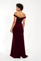 Load image into Gallery viewer, Burgundy Sheath Off the Shoulder Long Formal Dress with Slit