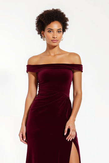 Burgundy Sheath Off the Shoulder Long Formal Dress with Slit