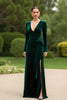 Load image into Gallery viewer, Dark Green Velvet V-Neck Long Sleeves Formal Dress with Slit