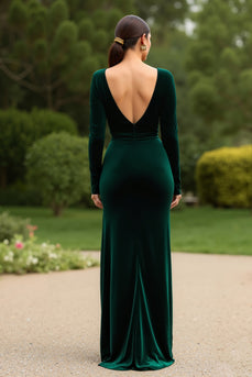 Dark Green Velvet V-Neck Long Sleeves Formal Dress with Slit