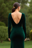 Load image into Gallery viewer, Dark Green Velvet V-Neck Long Sleeves Formal Dress with Slit