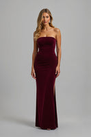 Load image into Gallery viewer, Burgundy Velvet Sheath Strapless Long Formal Dress with Slit