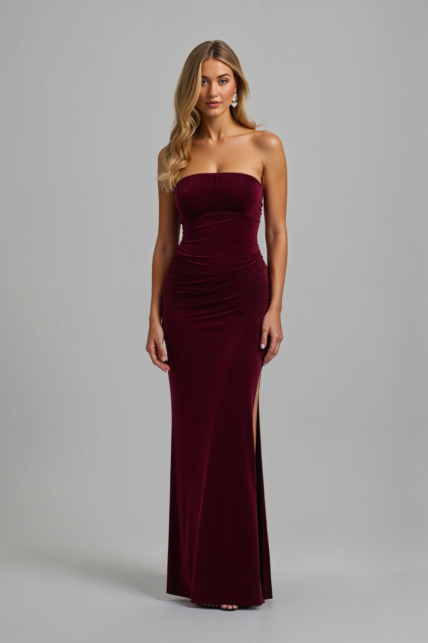 Burgundy Velvet Sheath Strapless Long Formal Dress with Slit