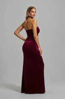 Load image into Gallery viewer, Burgundy Velvet Sheath Strapless Long Formal Dress with Slit