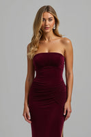 Load image into Gallery viewer, Burgundy Velvet Sheath Strapless Long Formal Dress with Slit