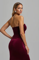 Load image into Gallery viewer, Burgundy Velvet Sheath Strapless Long Formal Dress with Slit