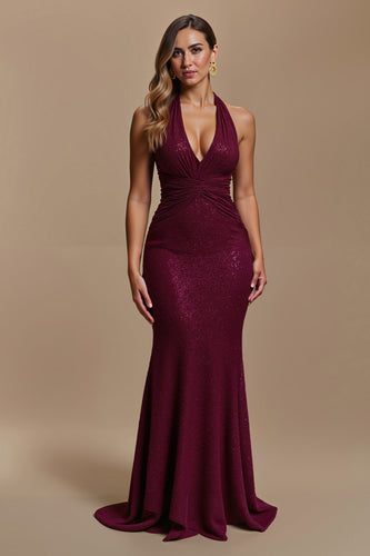 Sparkly Burgundy Mermaid Halter Neck Long Formal Dress