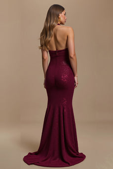 Sparkly Burgundy Mermaid Halter Neck Long Formal Dress
