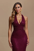Load image into Gallery viewer, Sparkly Burgundy Mermaid Halter Neck Long Formal Dress