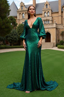 Load image into Gallery viewer, Sparkly Dark Green Sequin Mermaid Long Sleeves Formal Dress