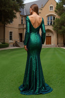 Load image into Gallery viewer, Sparkly Dark Green Sequin Mermaid Long Sleeves Formal Dress