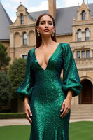 Load image into Gallery viewer, Sparkly Dark Green Sequin Mermaid Long Sleeves Formal Dress