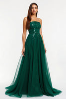 Load image into Gallery viewer, Sparkly Dark Green Tulle Strapless A-Line Long Formal Dress