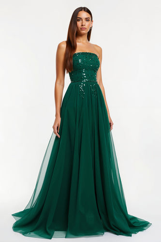 Sparkly Dark Green Tulle Strapless A-Line Long Formal Dress
