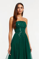Load image into Gallery viewer, Sparkly Dark Green Tulle Strapless A-Line Long Formal Dress