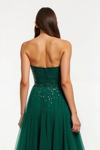 Sparkly Dark Green Tulle Strapless A-Line Long Formal Dress