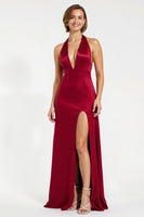 Load image into Gallery viewer, Burgundy Satin Sheath Halter Long Formal Dress with Slit