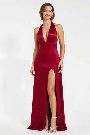 Burgundy Satin Sheath Halter Long Formal Dress with Slit