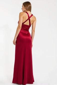 Burgundy Satin Sheath Halter Long Formal Dress with Slit