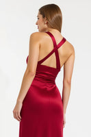 Load image into Gallery viewer, Burgundy Satin Sheath Halter Long Formal Dress with Slit