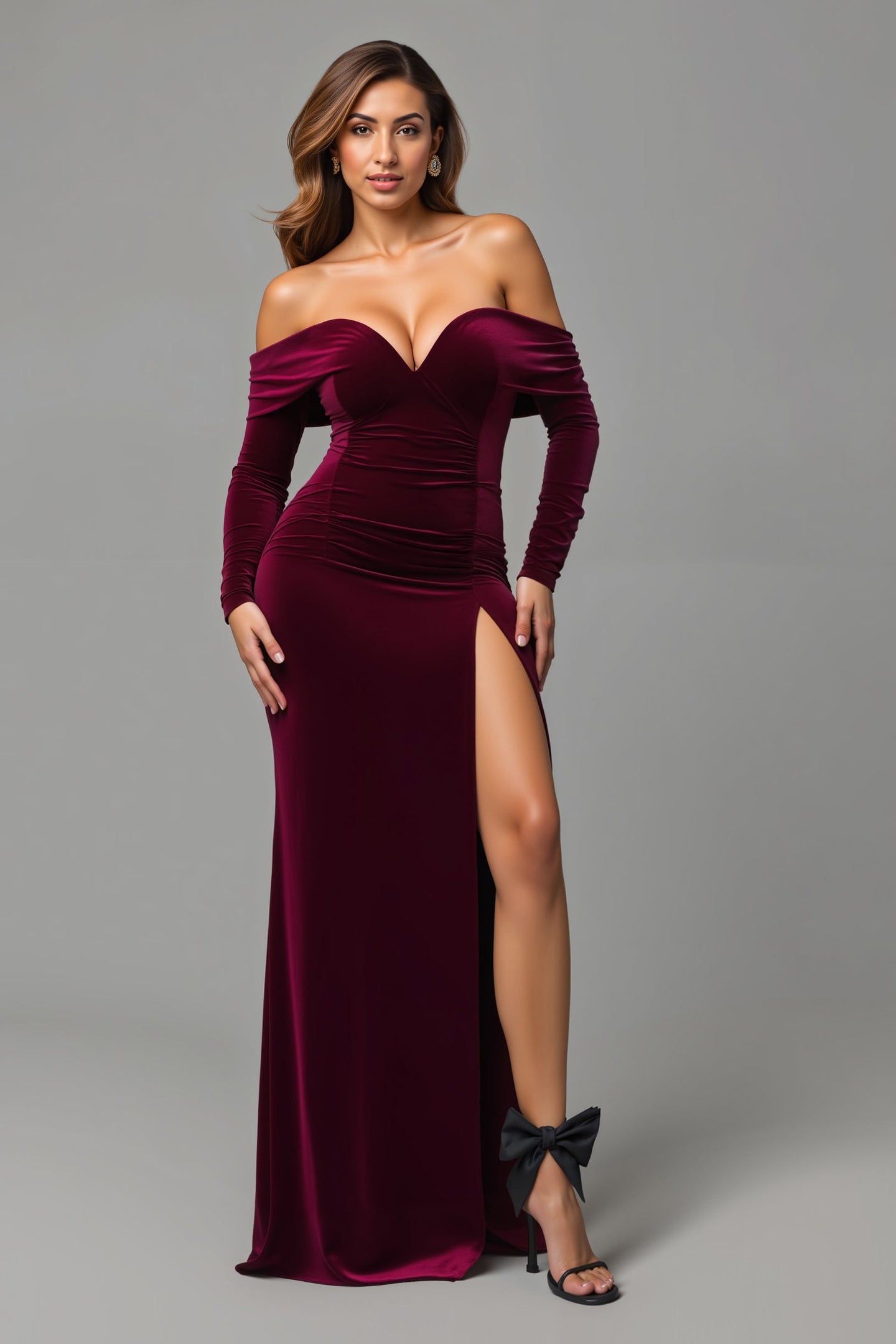 Burgundy Velvet Off the Shoulder Long Formal Dress with Slit
