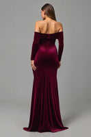 Load image into Gallery viewer, Burgundy Velvet Off the Shoulder Long Formal Dress with Slit