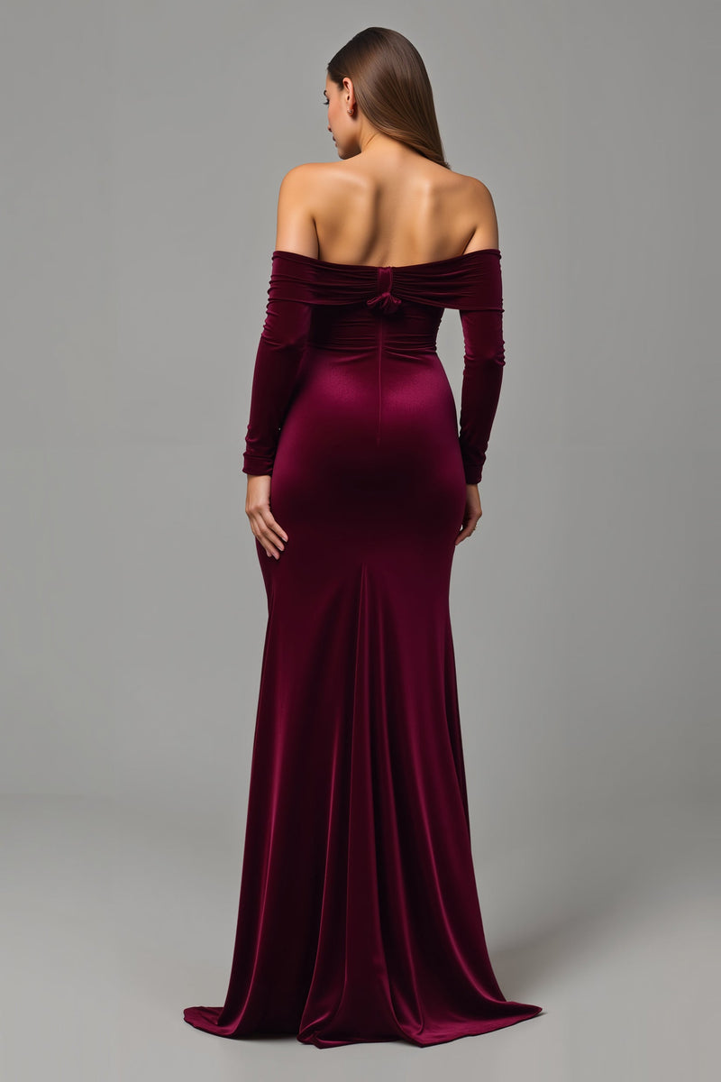 Load image into Gallery viewer, Burgundy Velvet Off the Shoulder Long Formal Dress with Slit