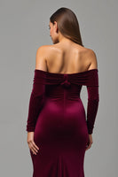 Load image into Gallery viewer, Burgundy Velvet Off the Shoulder Long Formal Dress with Slit