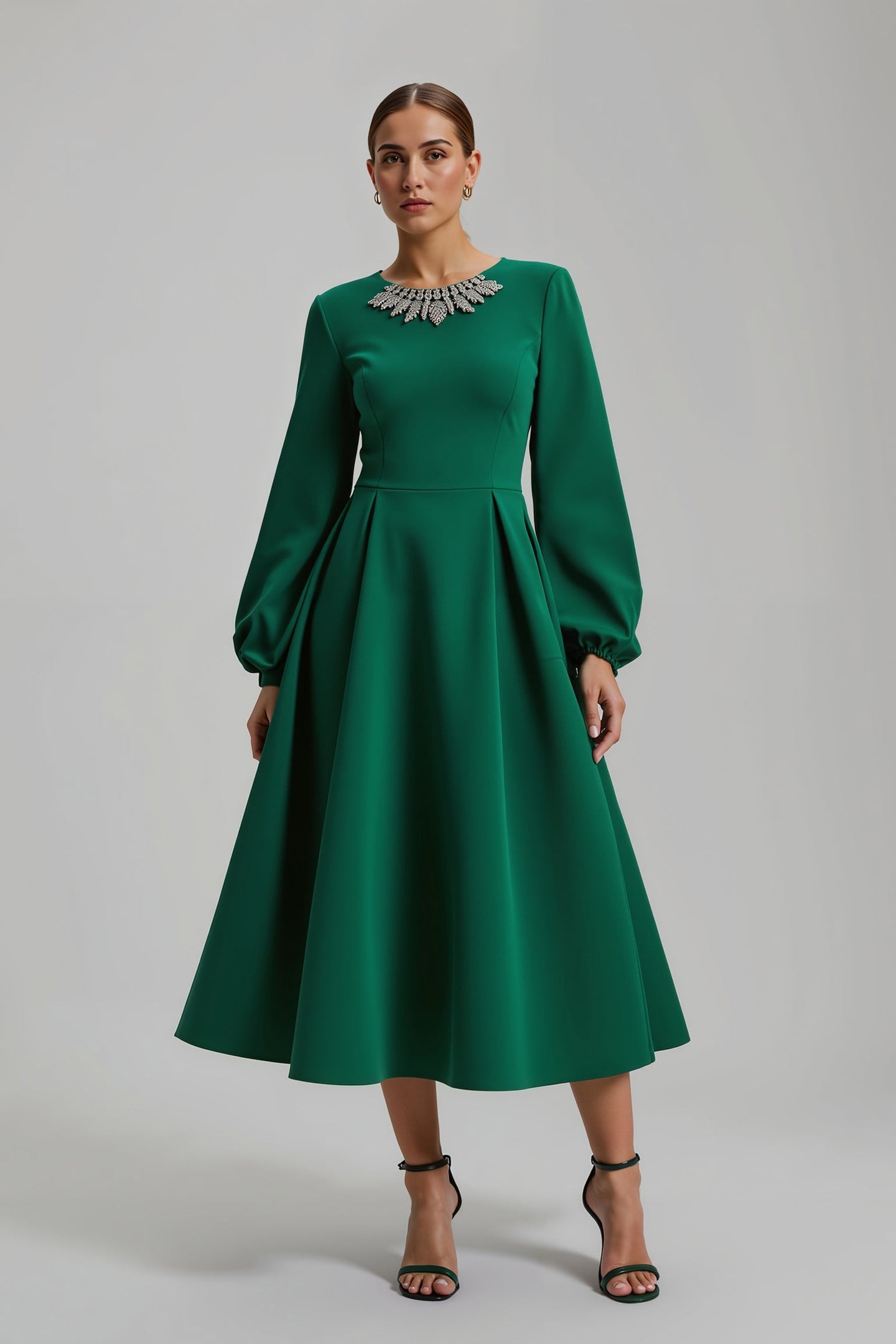 Dark Green Satin Long Sleeves A-Line Long Formal Dress