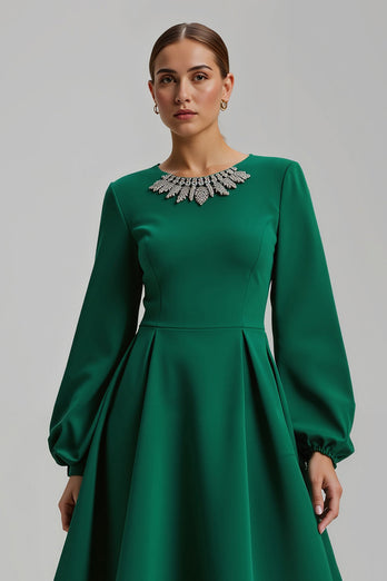 Dark Green Satin Long Sleeves A-Line Long Formal Dress