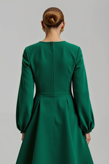 Dark Green Satin Long Sleeves A-Line Long Formal Dress