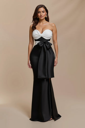 Black and White Sweetheart Satin Long Formal Dress with Bow