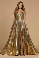 Load image into Gallery viewer, Sparkly Golden Metallic Spaghetti Straps Long Formal Dress with Slit