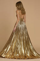 Load image into Gallery viewer, Sparkly Golden Metallic Spaghetti Straps Long Formal Dress with Slit