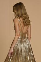 Load image into Gallery viewer, Sparkly Golden Metallic Spaghetti Straps Long Formal Dress with Slit