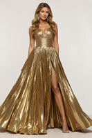 Load image into Gallery viewer, Sparkly Golden V-neck Metallic Pleated Long Formal Dress with Slit
