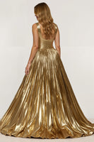 Load image into Gallery viewer, Sparkly Golden V-neck Metallic Pleated Long Formal Dress with Slit
