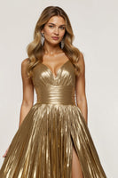 Load image into Gallery viewer, Sparkly Golden V-neck Metallic Pleated Long Formal Dress with Slit
