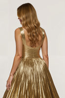 Load image into Gallery viewer, Sparkly Golden V-neck Metallic Pleated Long Formal Dress with Slit